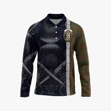 Gray Tartan Long Sleeve Polo Shirt with Family Crest Cross Sword Thistle Celtic Vibes Unisex - Tartan Vibes Clothing