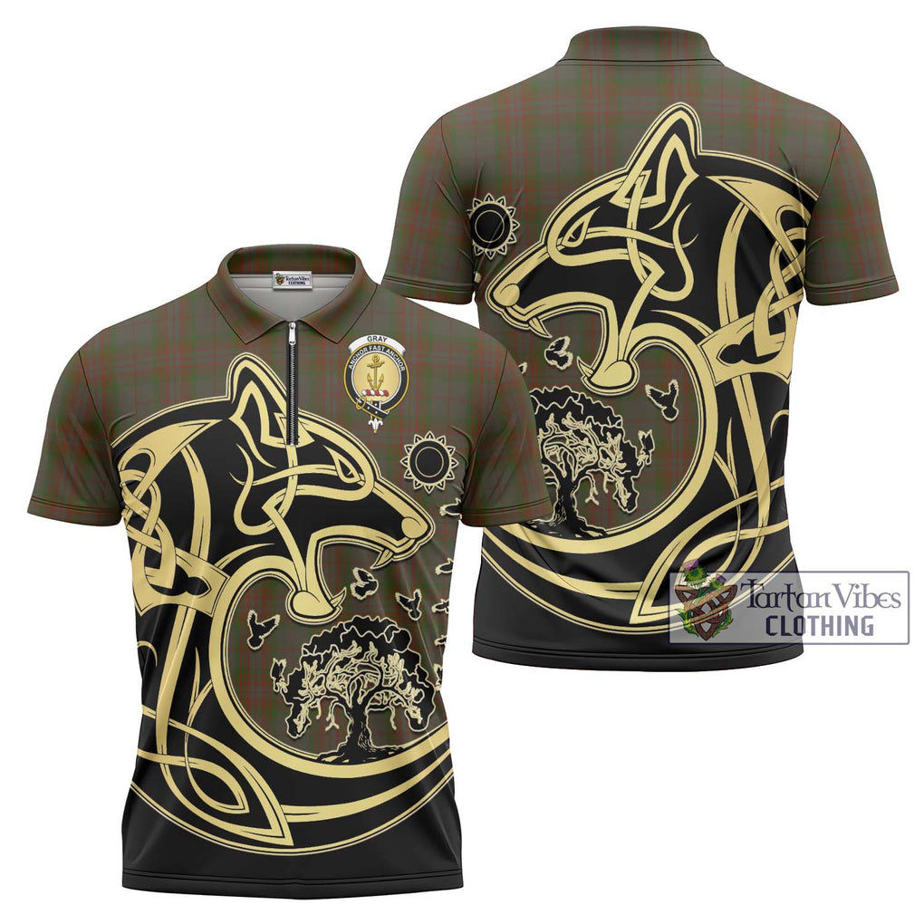 Gray Tartan Zipper Polo Shirt with Family Crest Celtic Wolf Style Unisex - Tartan Vibes Clothing
