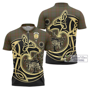 Gray Tartan Zipper Polo Shirt with Family Crest Celtic Wolf Style Unisex - Tartan Vibes Clothing