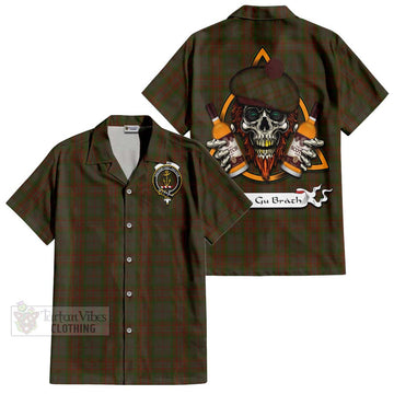 Gray Tartan Hawaiian Shirt with Family Crest and Bearded Skull Holding Bottles of Whiskey Kid - Tartan Vibes Clothing