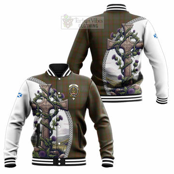 Gray Tartan Baseball Jacket with Family Crest and St. Andrew's Cross Accented by Thistle Vines Unisex - Tartan Vibes Clothing