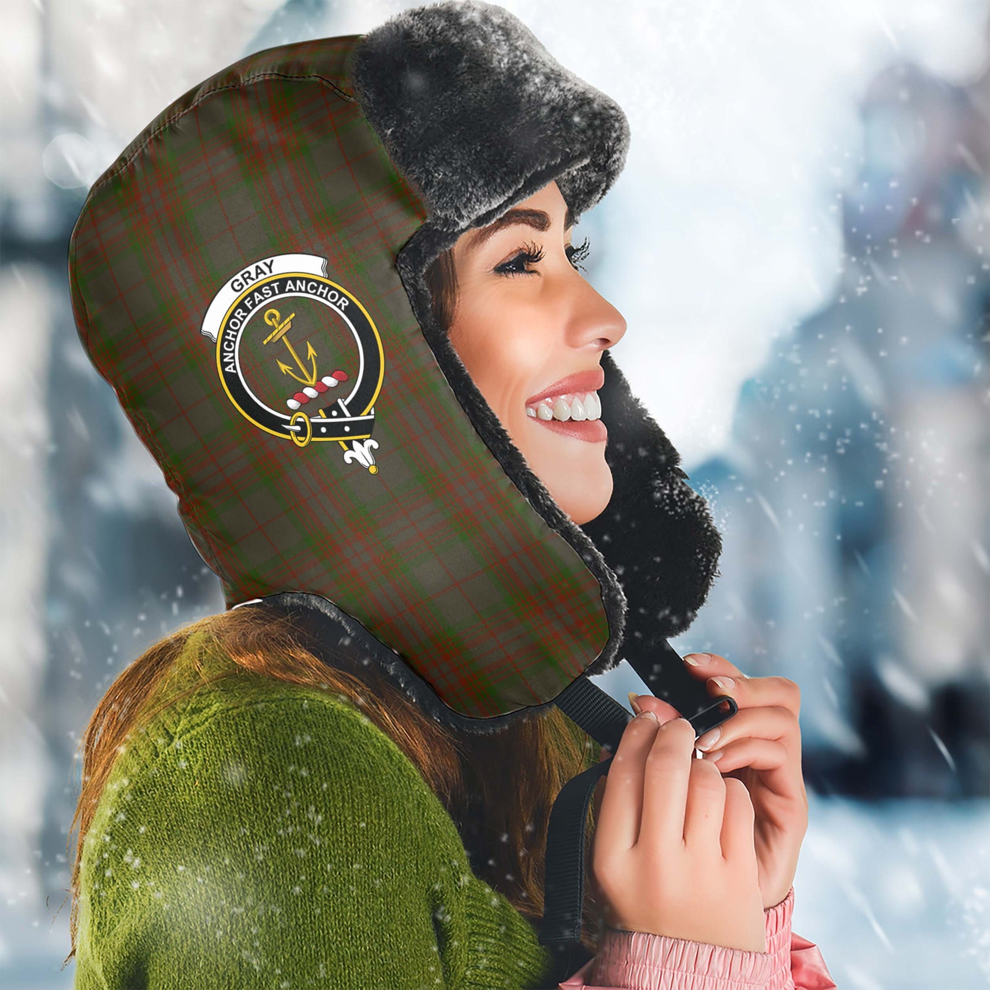 Gray Tartan Winter Trapper Hat with Family Crest Winter Trapper Hat Universal Fit Circumference 22.8in (58cm) - Tartan Vibes Clothing
