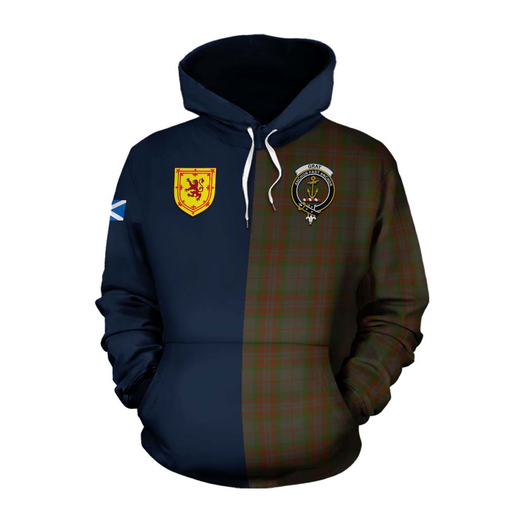 Gray Tartan Cotton Hoodie Alba with Scottish Lion Royal Arm Half Style Pullover Hoodie XS - Tartan Vibes Clothing