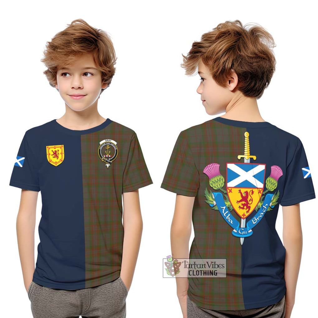 Gray Tartan Kid T-Shirt Alba with Scottish Lion Royal Arm Half Style Youth XL Size14 - Tartan Vibes Clothing