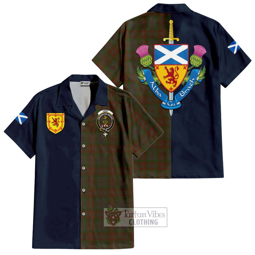 Gray Tartan Hawaiian Shirt Alba with Scottish Lion Royal Arm Half Style Kid - Tartan Vibes Clothing