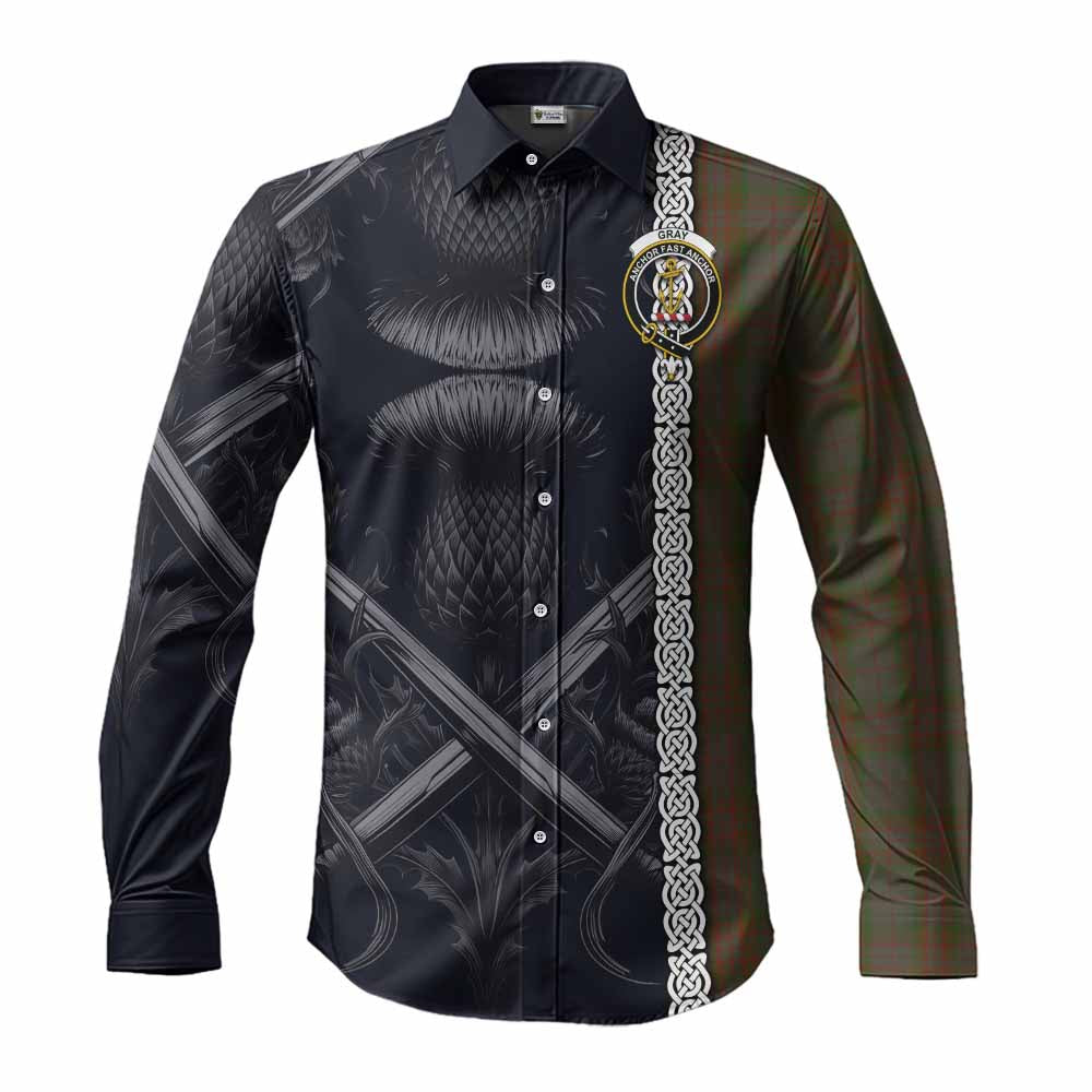 Tartan Vibes Clothing Gray Tartan Long Sleeve Button Shirt with Family Crest Cross Sword Thistle Celtic Vibes