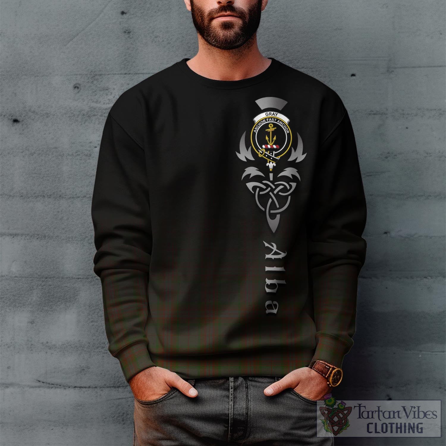 Gray Tartan Sweatshirt Featuring Alba Gu Brath Family Crest Celtic Inspired Unisex - Tartan Vibes Clothing