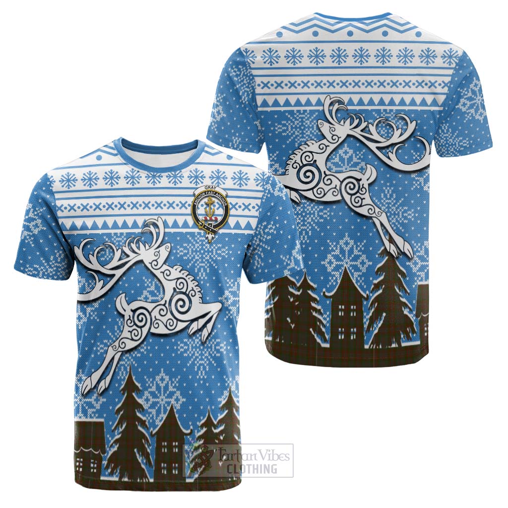 Gray Clan Christmas Cotton T-shirt Celtic Reindeer Style Kid's Shirt - Tartan Vibes Clothing