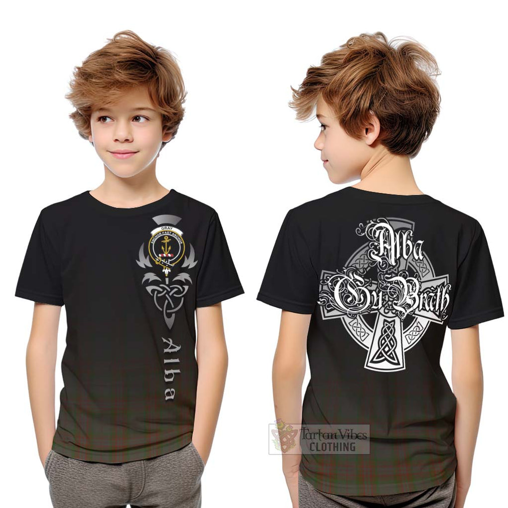 Gray Tartan Kid T-Shirt Featuring Alba Gu Brath Family Crest Celtic Inspired Youth XL Size14 - Tartan Vibes Clothing