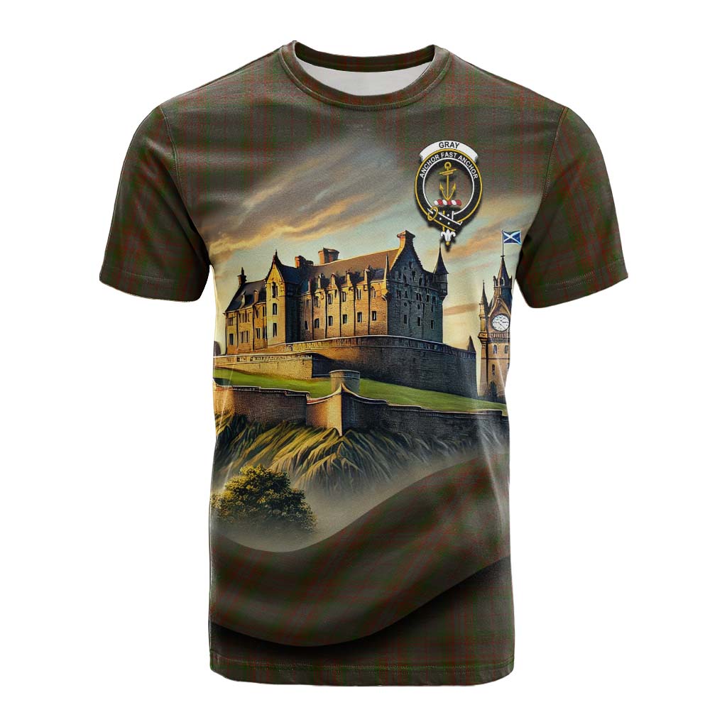 Tartan Vibes Clothing Gray Tartan Family Crest Cotton T-shirt with Scottish Ancient Castle Style