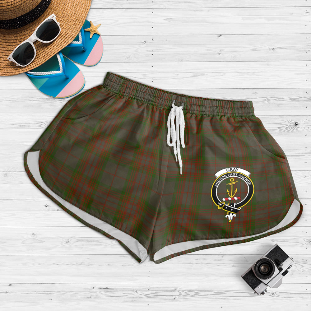 gray-tartan-womens-shorts-with-family-crest