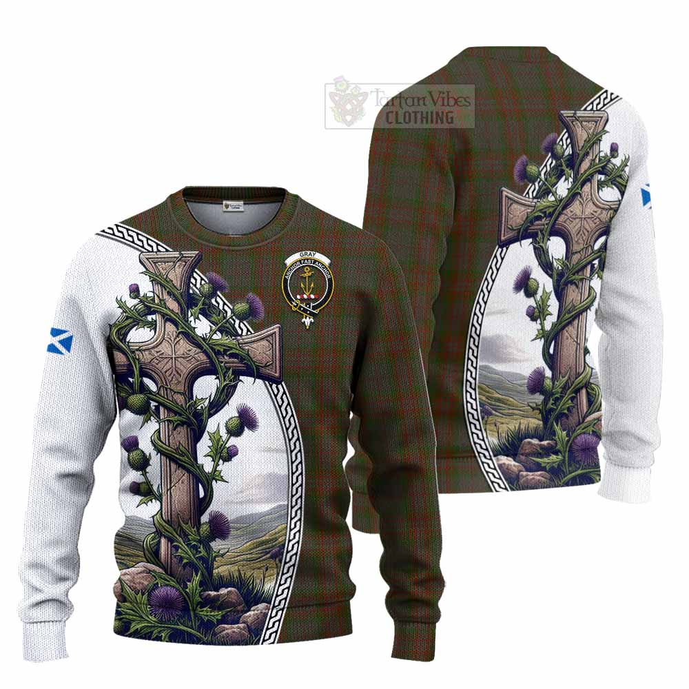 Gray Tartan Knitted Sweater with Family Crest and St. Andrew's Cross Accented by Thistle Vines Unisex - Tartan Vibes Clothing