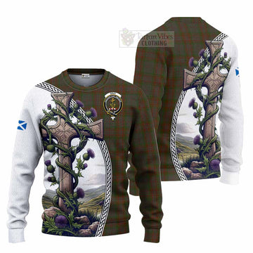 Gray Tartan Knitted Sweater with Family Crest and St. Andrew's Cross Accented by Thistle Vines Unisex - Tartan Vibes Clothing