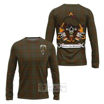 Gray Tartan Long Sleeve T-Shirt with Family Crest and Bearded Skull Holding Bottles of Whiskey Unisex - Tartan Vibes Clothing