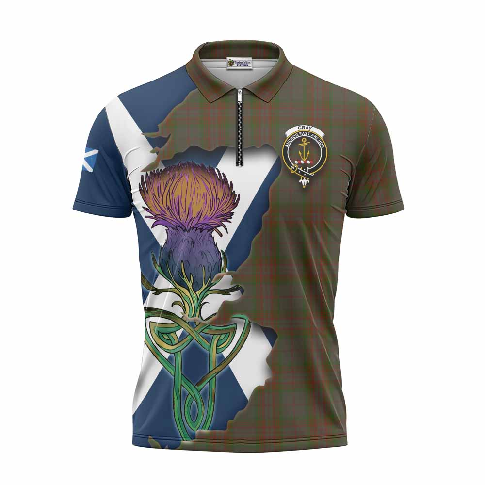 Gray Tartan Family Crest Zipper Polo Shirt Scottish Thistle Celtic Inspired Unisex - Tartan Vibes Clothing