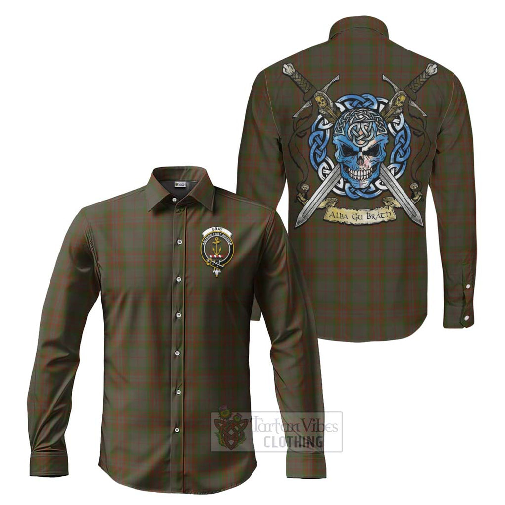 Gray Tartan Long Sleeve Button Shirt with Family Crest Celtic Skull Style Men's Shirt S - Tartan Vibes Clothing