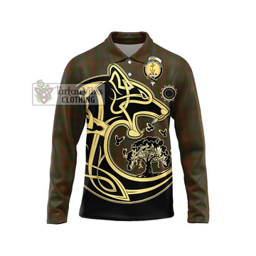 Gray Tartan Long Sleeve Polo Shirt with Family Crest Celtic Wolf Style Unisex - Tartan Vibes Clothing