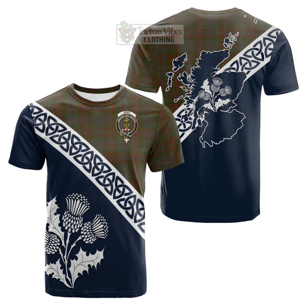 Tartan Vibes Clothing Gray Tartan Cotton T-shirt Featuring Thistle and Scotland Map