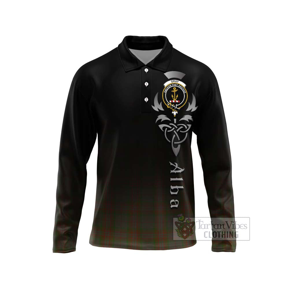 Gray Tartan Long Sleeve Polo Shirt Featuring Alba Gu Brath Family Crest Celtic Inspired Unisex - Tartan Vibes Clothing