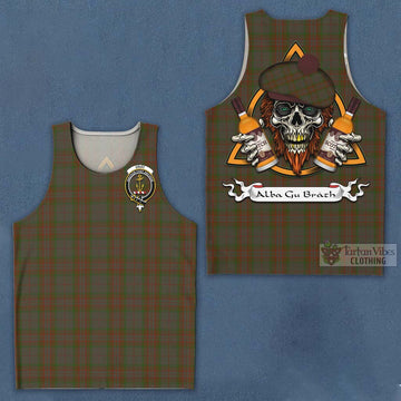 Gray Tartan Men's Tank Top with Family Crest and Bearded Skull Holding Bottles of Whiskey Men - Tartan Vibes Clothing