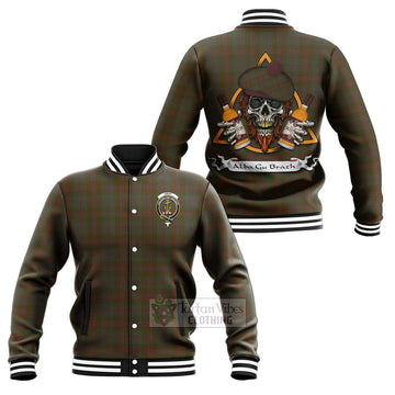 Gray Tartan Baseball Jacket with Family Crest and Bearded Skull Holding Bottles of Whiskey Unisex - Tartan Vibes Clothing