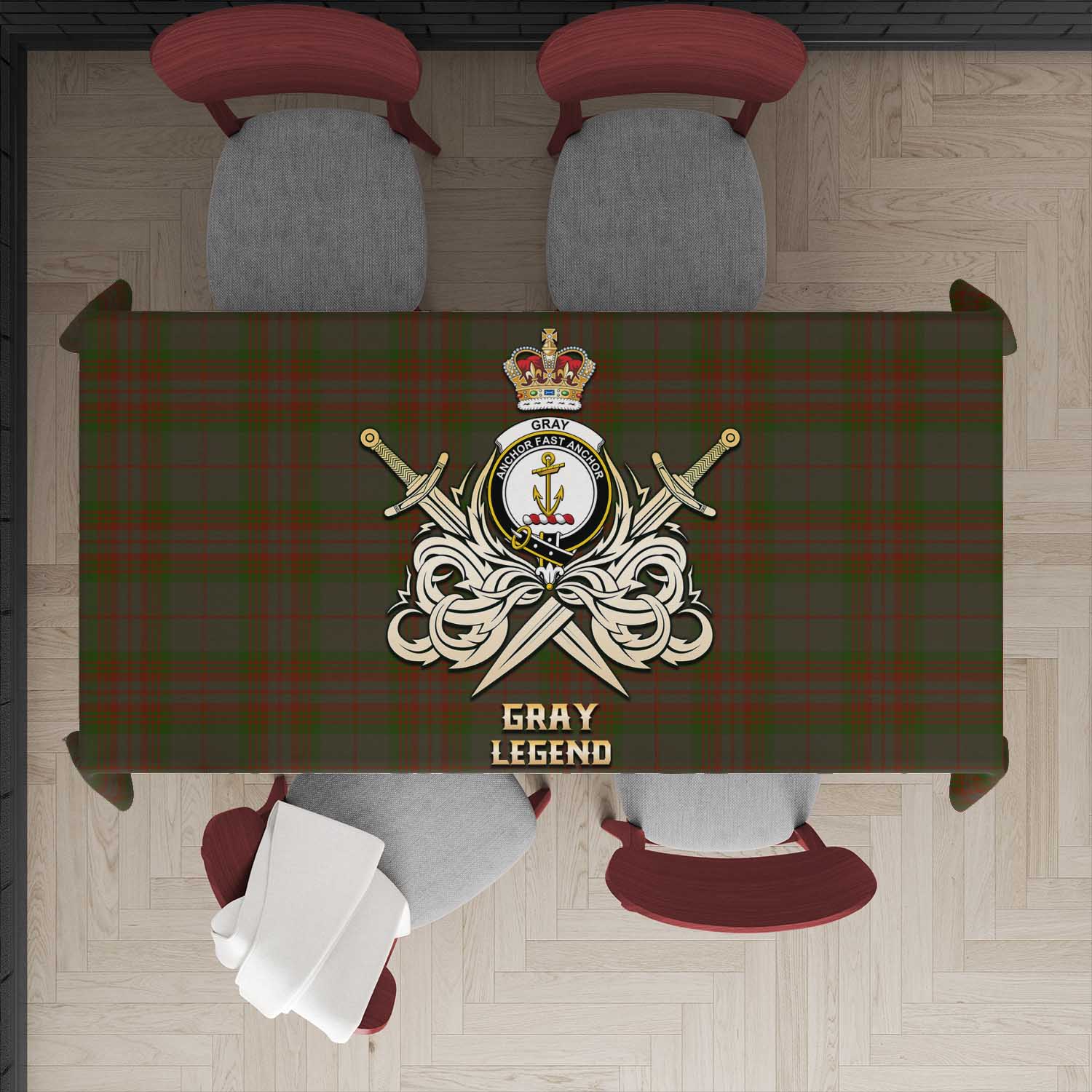 Tartan Vibes Clothing Gray Tartan Tablecloth with Clan Crest and the Golden Sword of Courageous Legacy