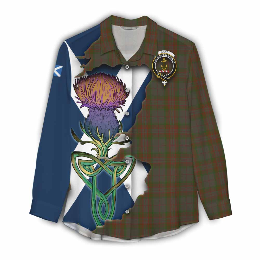 Gray Tartan Family Crest Women's Casual Shirt Scottish Thistle Celtic Inspired Female - Tartan Vibes Clothing