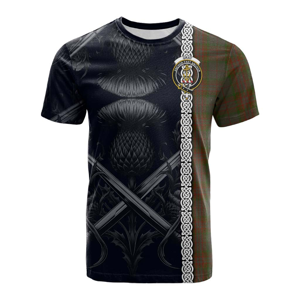 Tartan Vibes Clothing Gray Tartan Cotton T-shirt with Family Crest Cross Sword Thistle Celtic Vibes