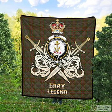 Gray Tartan Quilt with Clan Crest and the Golden Sword of Courageous Legacy Super King Quilt 91" x 110" - Tartan Vibes Clothing
