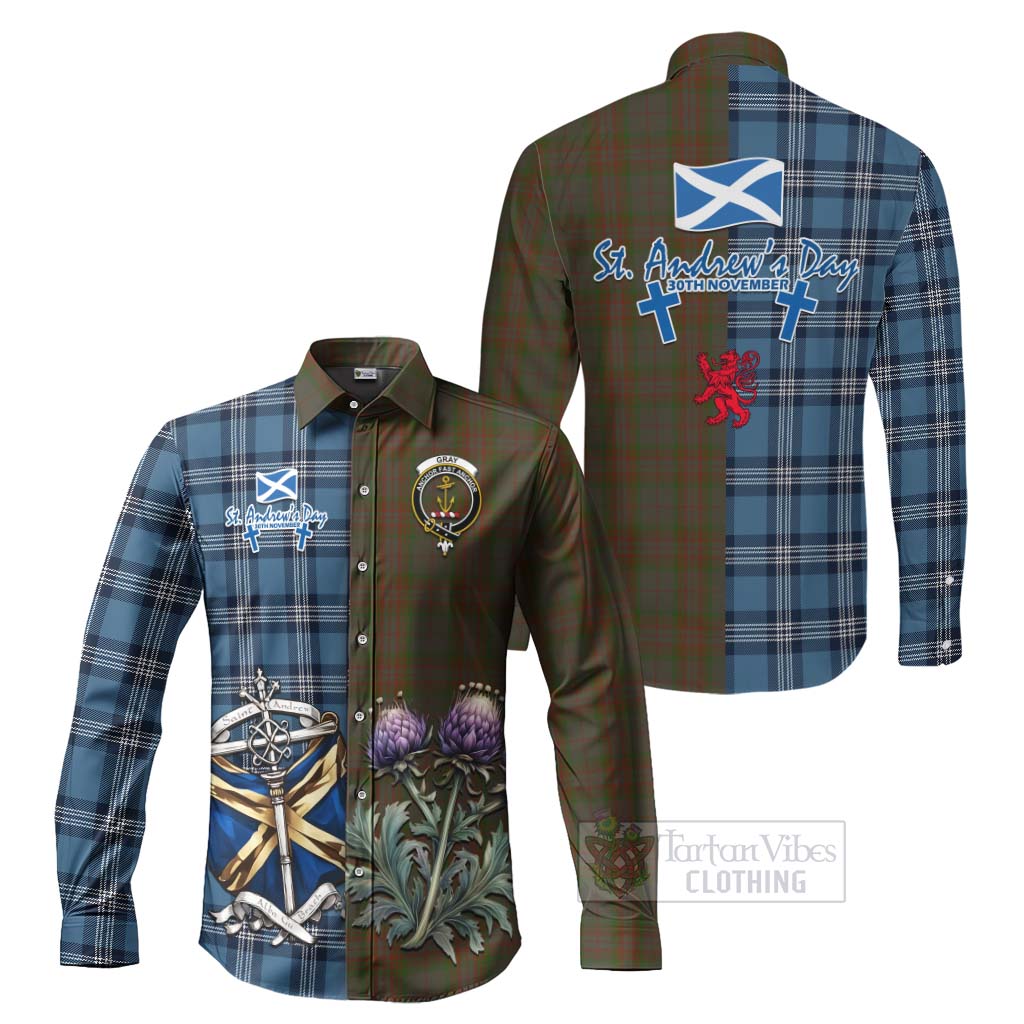 Gray Tartan Long Sleeve Button Shirt Happy St. Andrew's Day Half Tartan Style Men's Shirt S - Tartan Vibes Clothing
