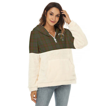 Gray Tartan Half Style Women's Borg Fleece Hoodie with Half Zip with Family Crest Female - Tartan Vibes Clothing
