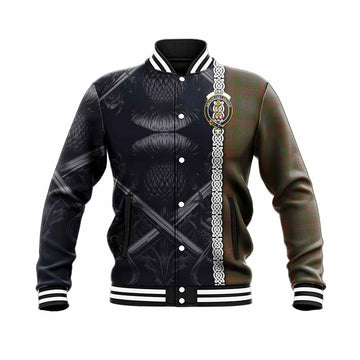 Gray Tartan Baseball Jacket with Family Crest Cross Sword Thistle Celtic Vibes Unisex - Tartan Vibes Clothing