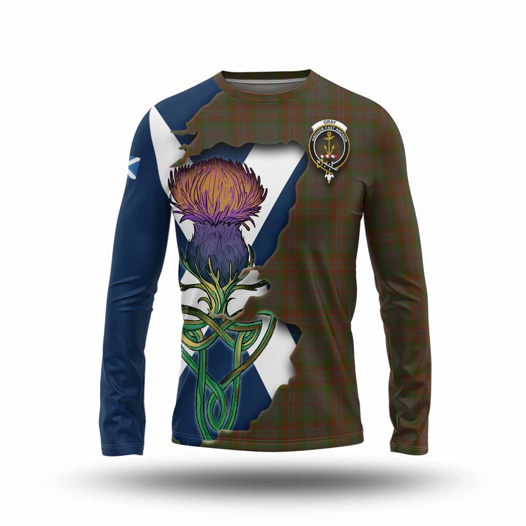 Gray Tartan Family Crest Long Sleeve T-Shirt Scottish Thistle Celtic Inspired Unisex - Tartan Vibes Clothing