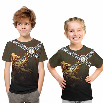 Gray Crest Tartan Kid T-Shirt with Golden Lion Emblem Celtic Style Youth XL Size14 - Tartan Vibes Clothing