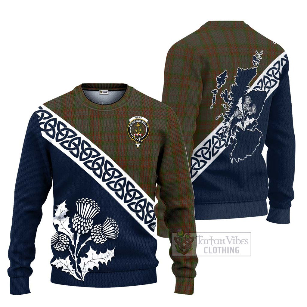 Gray Tartan Ugly Sweater Featuring Thistle and Scotland Map Unisex - Tartan Vibes Clothing