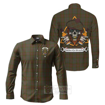 Gray Tartan Long Sleeve Button Shirt with Family Crest and Bearded Skull Holding Bottles of Whiskey Men's Shirt S - Tartan Vibes Clothing