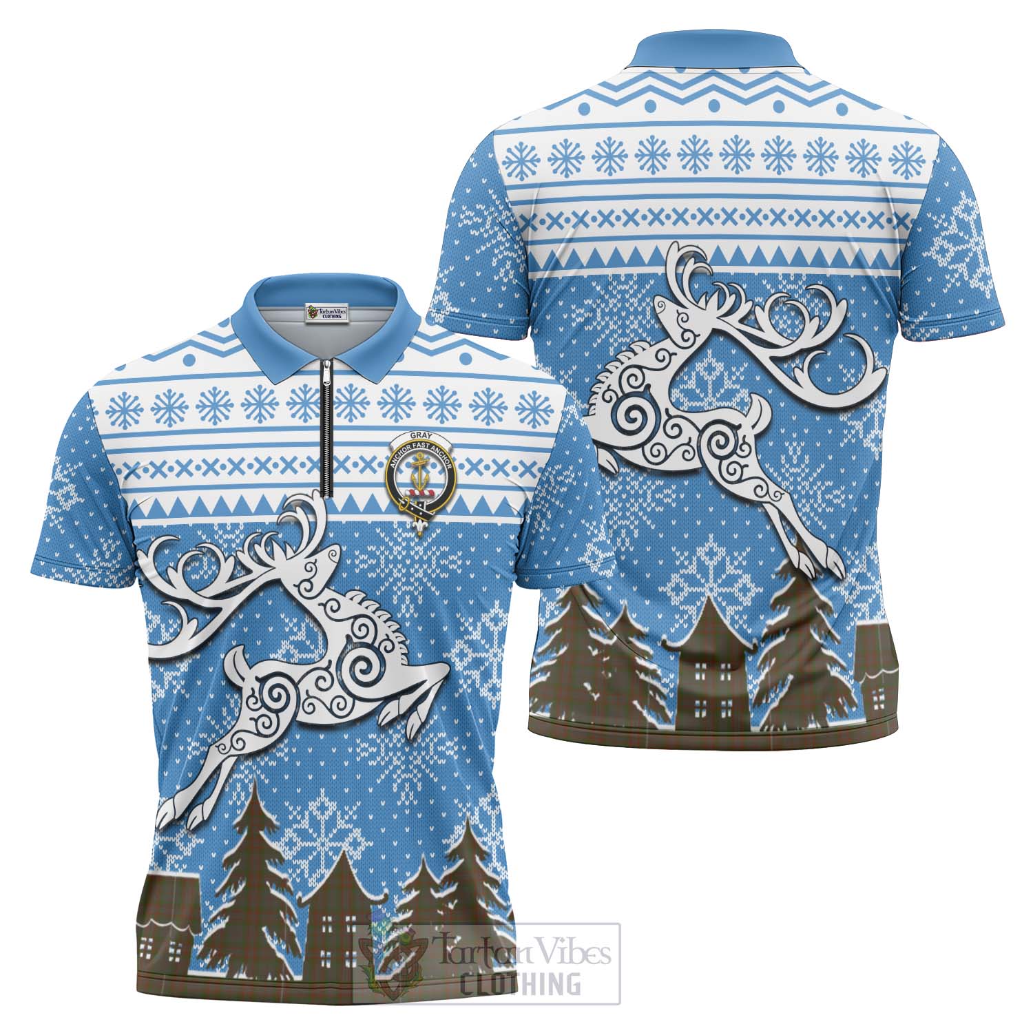 Gray Clan Christmas Zipper Polo Shirt Celtic Reindeer Style Unisex - Tartan Vibes Clothing