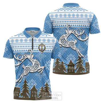 Gray Clan Christmas Zipper Polo Shirt Celtic Reindeer Style Unisex - Tartan Vibes Clothing