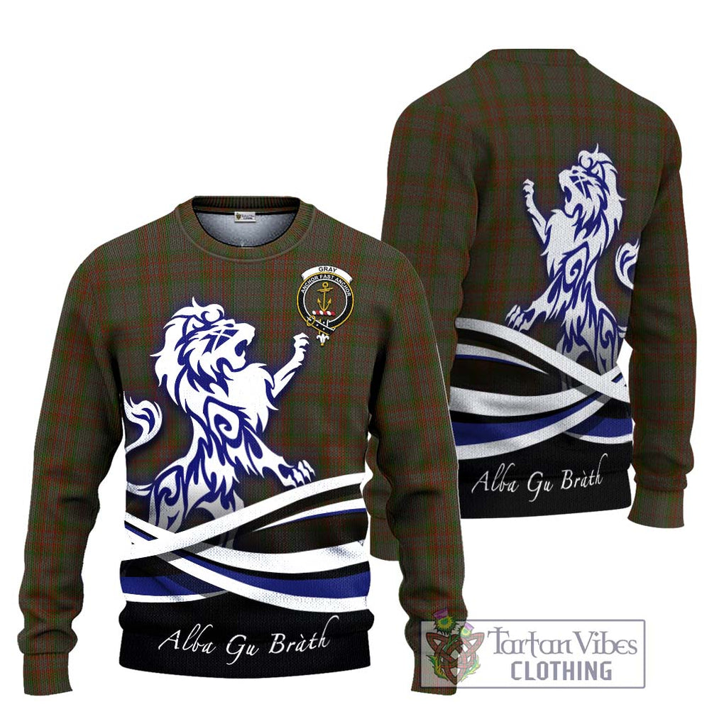 Gray Tartan Ugly Sweater with Alba Gu Brath Regal Lion Emblem Unisex - Tartan Vibes Clothing