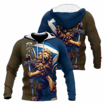 Gray Tartan Family Crest Knitted Hoodie with Scottish Majestic Lion Unisex Knitted Pullover Hoodie - Tartan Vibes Clothing