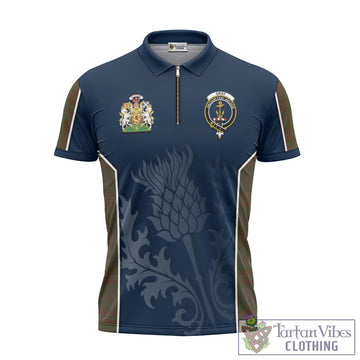 Tartan Vibes Clothing Gray Tartan Zipper Polo Shirt with Family Crest and Scottish Thistle Vibes Sport Style