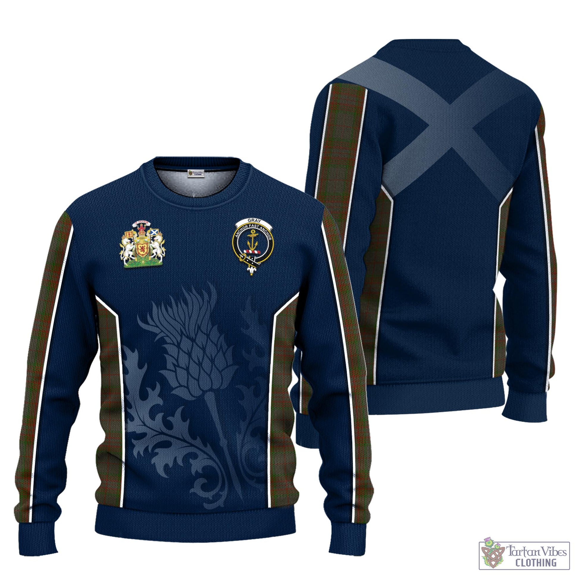 Gray Tartan Knitted Sweatshirt with Family Crest and Scottish Thistle Vibes Sport Style Unisex - Tartan Vibes Clothing