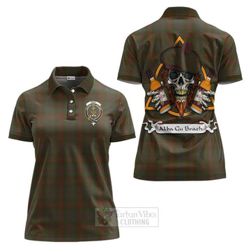 Gray Tartan Women's Polo Shirt with Family Crest and Bearded Skull Holding Bottles of Whiskey Women - Tartan Vibes Clothing