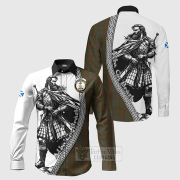 Gray Tartan Clan Crest Long Sleeve Button Shirt with Highlander Warrior Celtic Style Men's Shirt S - Tartan Vibes Clothing