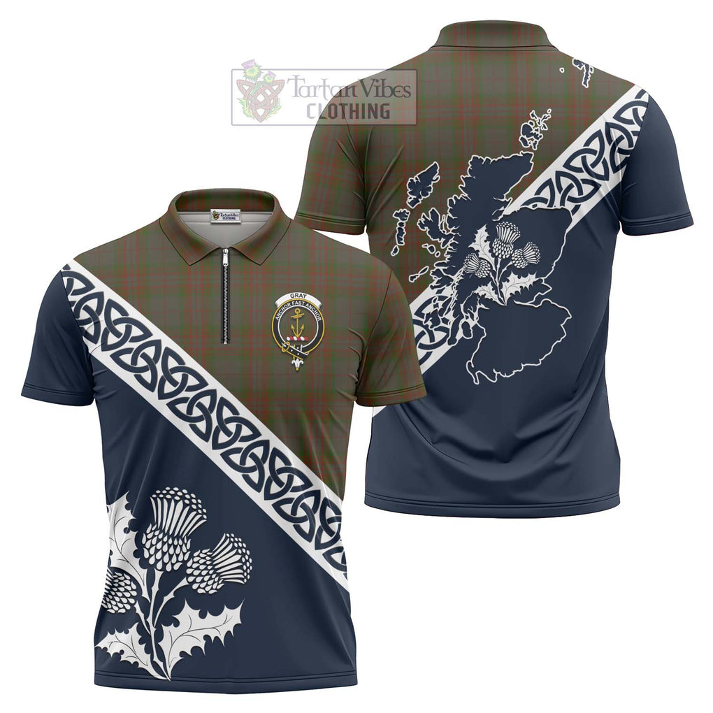 Gray Tartan Zipper Polo Shirt Featuring Thistle and Scotland Map Unisex - Tartanvibesclothing Store