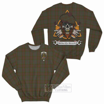 Gray Tartan Sweatshirt with Family Crest and Bearded Skull Holding Bottles of Whiskey Unisex - Tartan Vibes Clothing