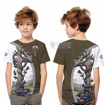 Gray Tartan Kid T-Shirt with Family Crest and St. Andrew's Cross Accented by Thistle Vines Youth XL Size14 - Tartan Vibes Clothing