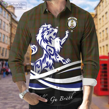 Gray Tartan Long Sleeve Button Up Shirt with Alba Gu Brath Regal Lion Emblem Men's Shirt - Tartan Vibes Clothing