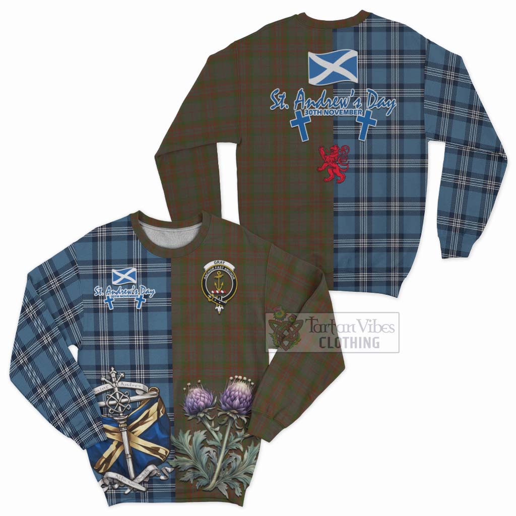 Gray Tartan Sweatshirt Happy St. Andrew's Day Half Tartan Style Unisex - Tartan Vibes Clothing