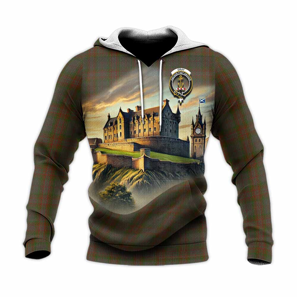 Gray Tartan Family Crest Knitted Hoodie with Scottish Ancient Castle Style Unisex Knitted Pullover Hoodie - Tartan Vibes Clothing